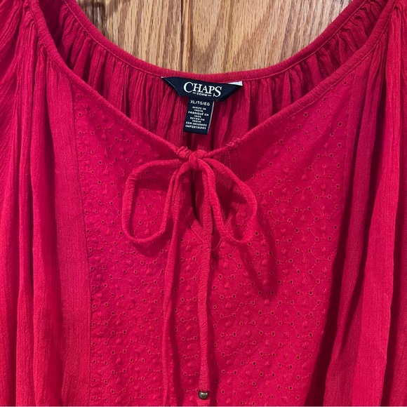 Chaps by Ralph Lauren Eyelet Tassle Tie Puff-Sleeve Peasant Top in Yacht Red XL - Picture 9 of 15